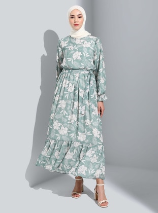 Sea Green - Floral - Crew neck - Fully Lined - Modest Dress - Refka