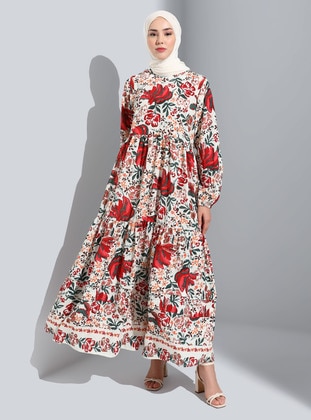 Ivory - Floral - Crew neck - Unlined - Modest Dress - Refka