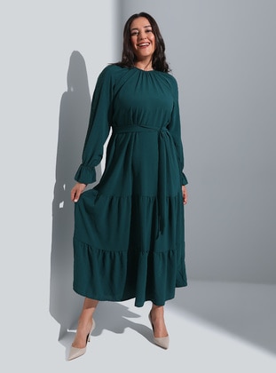 Olive Green - Unlined - Crew neck - Plus Size Dress - Alia