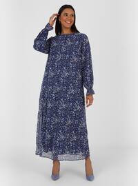 Navy Blue Patterned - Multi - Fully Lined - Crew neck - Plus Size Dress