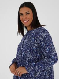 Navy Blue Patterned - Multi - Fully Lined - Crew neck - Plus Size Dress