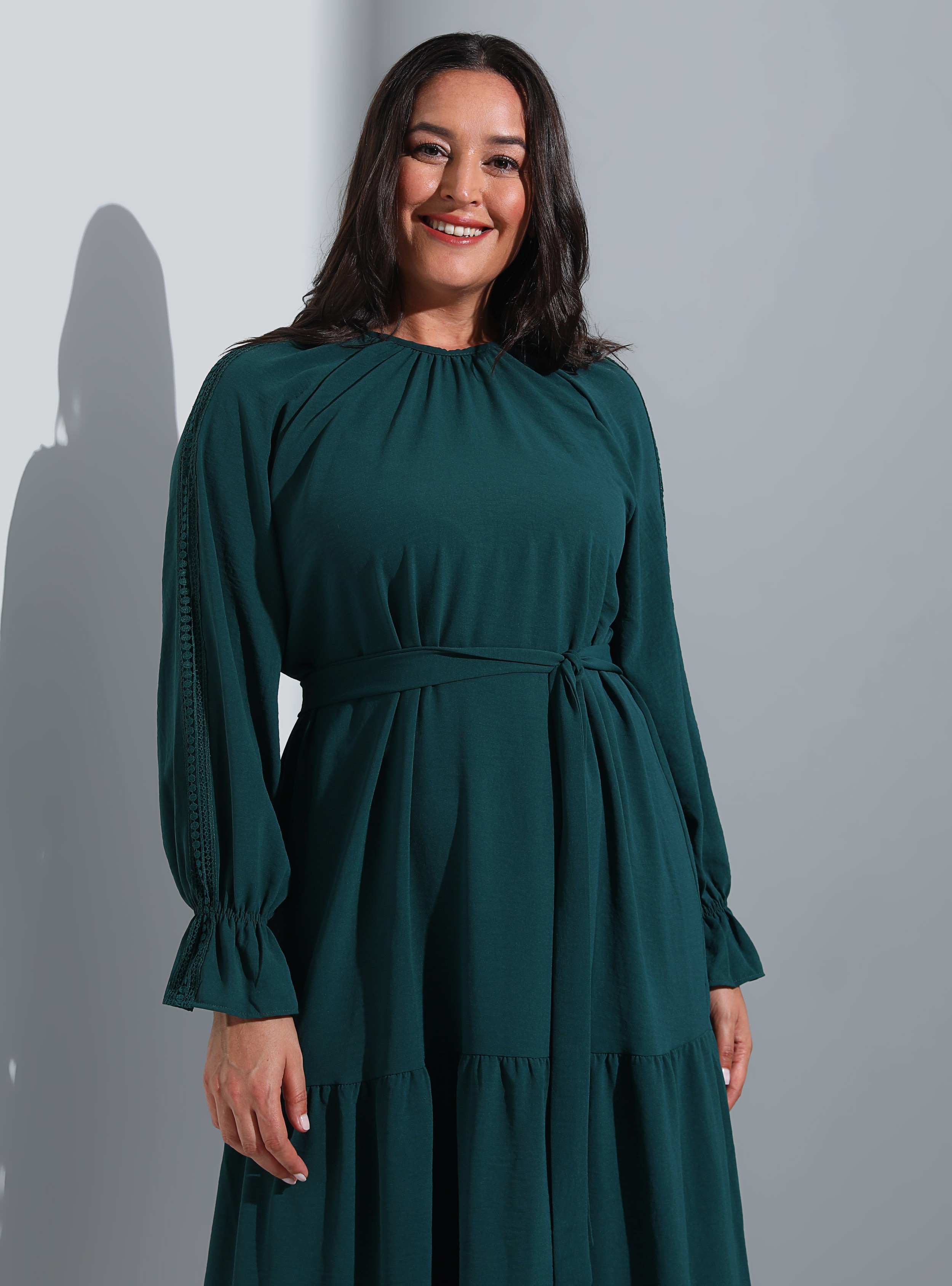 Olive Green - Unlined - Crew neck - Plus Size Dress