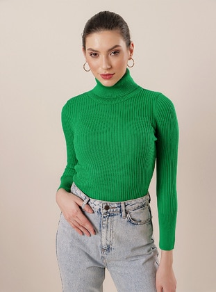 Turtleneck Lycra Acrylic Knit Sweater Dark Green