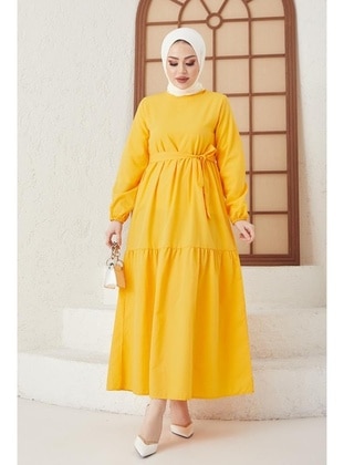 Zero Neckline Belt Detailed Modest Dress Mustard