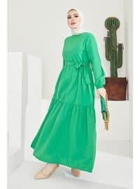 Zero Neckline Waist Belt Detailed Modest Dress Green