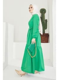 Zero Neckline Waist Belt Detailed Modest Dress Green