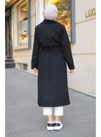 Double-Breasted Collar Coat With Belt Detailed Pockets Black