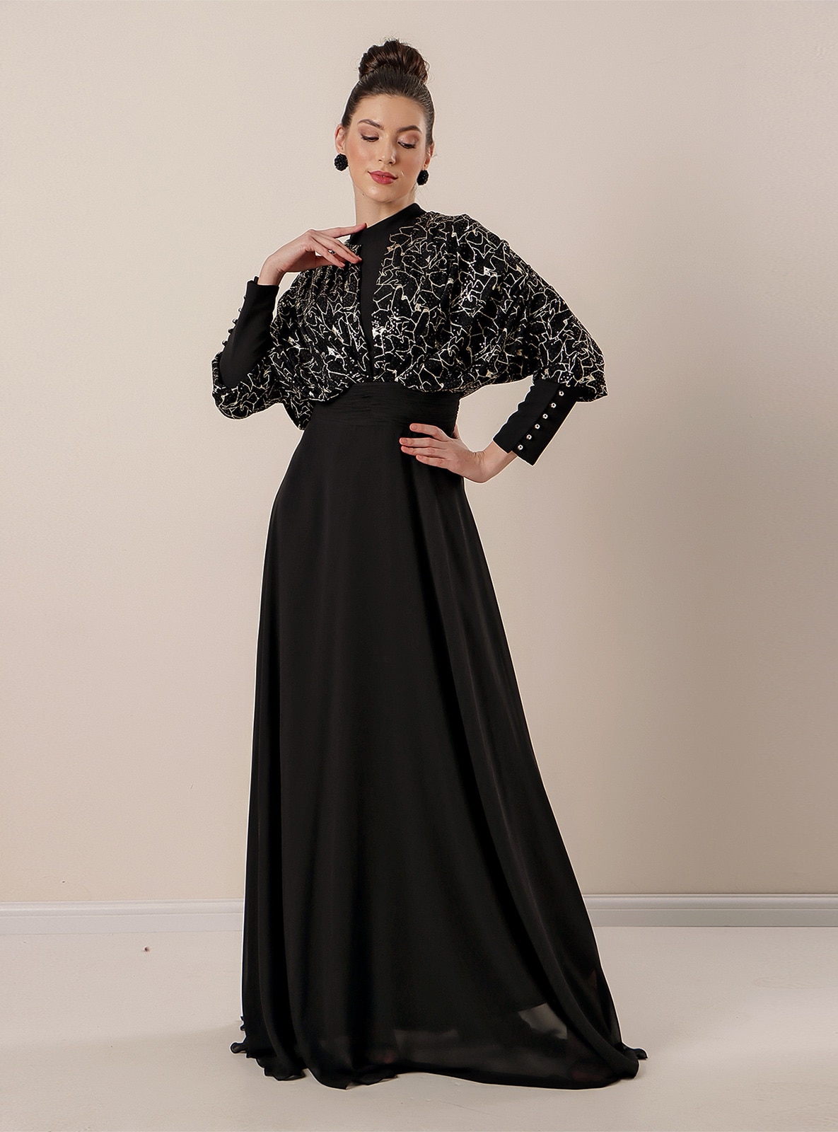 Bat Sleeves Sequin Gilded Lining Chiffon Hijab Evening Dress Black