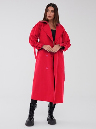 Red - Unlined - Shawl Collar - Trench Coat  - Sahra Afra