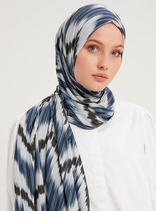 Patterned Combed Cotton Shawl Navy Blue