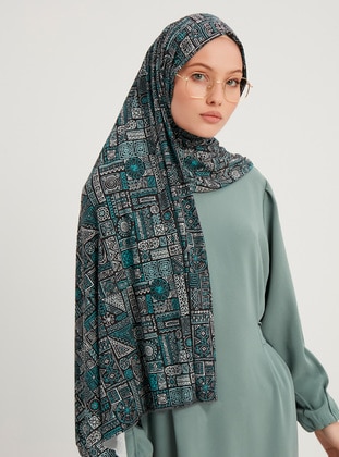 Patterned Combed Cotton Shawl Petrol Blue Green
