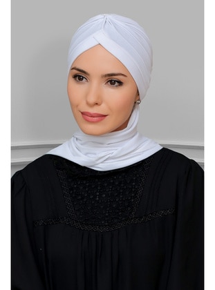 White Practical Ready-To-Wear Hijab Undercap Sandy Fabric Crowned Shirred Chiffon Scarf 1208A_42