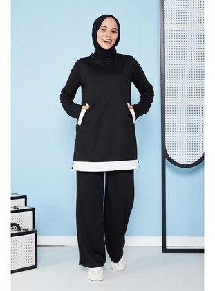 Hijab Tracksuit  Set With Button Detailed Pockets 3115 Black