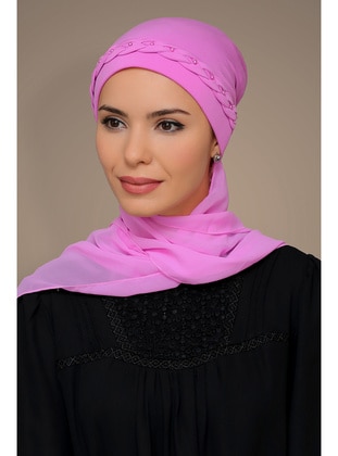 Fuchsia Practical Instant Fitted Hijab Undercap Sandy Fabric Braided Rose Chiffon Scarf 1203A_20