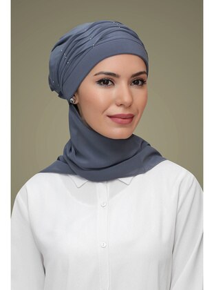 Gray Practical Instant Fitted Hijab Undercap Sandy Fabric Pearls Ribbed Rose Scarf 1805A_15