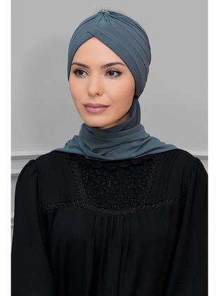 Gray Practical Ready-To-Wear Hijab Undercap Sandy Fabric Crowned Shirred Chiffon Scarf 1208A_15