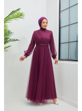 Pearl Visual Detailed Hijab Evening Dress 7776 Purple