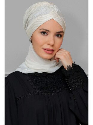 Cream-Beige Practical Instant Fitted Hijab Undercap Fukuro Pleated Single Cross Shirred Chiffon Scarf 1824A_40