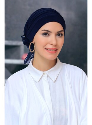 Navy Blue Practical Instant Fitted Hijab Undercap Sandy Fabric Pleated Ribbed Rose 1806_02