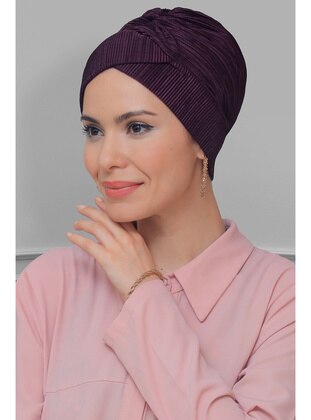 Plum Color Practical Instant Fitted Hijab Undercap Fukuro Pleated Cross Shirred 1822_07