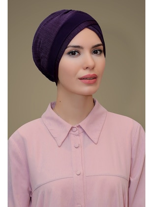 Plum Color Practical Instant Fitted Hijab Undercap Fukuro Pleated Single Straped Cross Shirred 1821_07