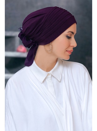Plum Color Practical Instant Fitted Hijab Undercap Sandy Fabric Pleated Ribbed Rose 1806_07