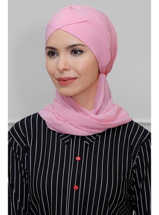 Pink Practical Instant Fitted Hijab Undercap Sandy Fabric Cross Shirred Chiffon Scarf 1801A_04