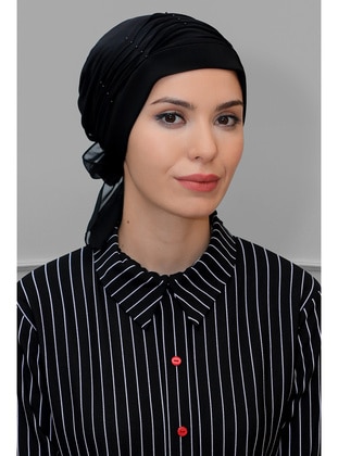 Black Practical Instant Fitted Hijab Undercap Sandy Fabric Pearls Pleated Ribbed Rose 1805_01