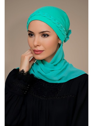 Green Practical Instant Fitted Hijab Undercap Sandy Fabric Braided Rose Chiffon Scarf 1203A_32