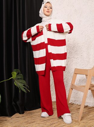 Red - Stripe - Unlined - Knit Cardigan - Vav