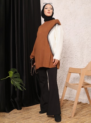 Brown - Unlined - Crew neck - Knit Sweaters - Vav