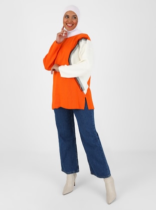 Orange - Unlined - Crew neck - Knit Sweaters - Vav