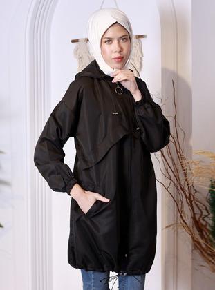 Hooded Zippered Raincoat Black