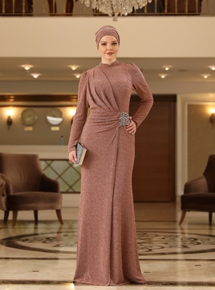 Copper color - Silvery - Fully Lined - Crew neck - Modest Evening Dress - Ahunisa
