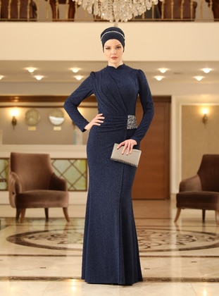 Navy Blue - Silvery - Fully Lined - Crew neck - Modest Evening Dress - Ahunisa