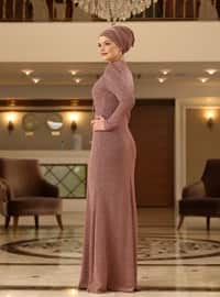 Copper color - Silvery - Fully Lined - Crew neck - Modest Evening Dress