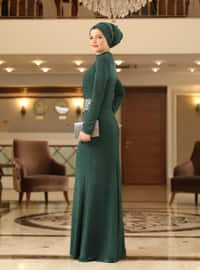 Emerald - Silvery - Fully Lined - Crew neck - Modest Evening Dress