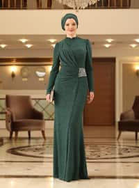 Emerald - Silvery - Fully Lined - Crew neck - Modest Evening Dress