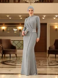Silver color - Silvery - Fully Lined - Crew neck - Modest Evening Dress