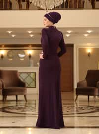 Maroon - Silvery - Fully Lined - Crew neck - Modest Evening Dress