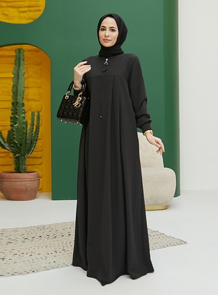 Half Zipper Modest Dress Black