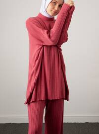 Mid Chest And Pants Ribbed Sweater Suit Deep Pink
