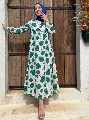 Green - Floral - Crew neck - Unlined - Modest Dress - Tofisa
