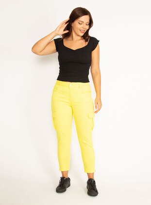 Yellow - Plus Size Pants - ŞANS