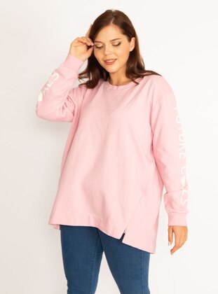 Pink - Plus Size Sweatshirts - ŞANS