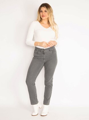 Gray - Plus Size Pants - ŞANS