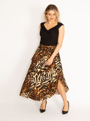 Brown - Leopard - Plus Size Skirt  - Şans