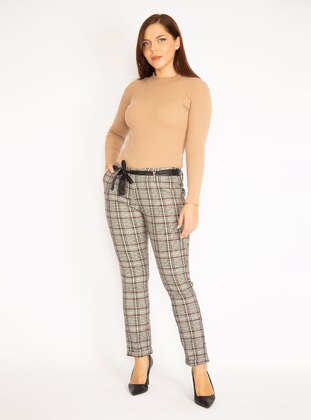 Plaid Patterned Hidden Belt Front Zippered Side Pockets Faux Leather Belt Detailed Classic Trousers Burgundy