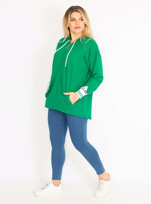 Green - Plus Size Sweatshirts - ŞANS