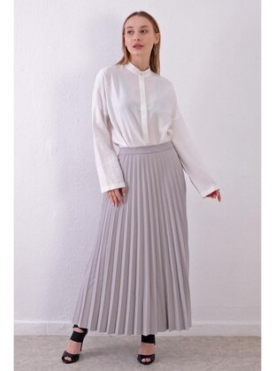 Women's Elastic Waist Pleated Gray Skirt Pmpt25601
